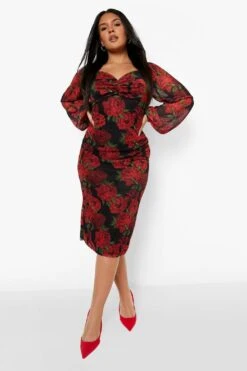 Vestito Midi Plus Size In Rete Con Stampa Di Rose -Negozio al dettaglio Vestiti gzz02945 red xl 2