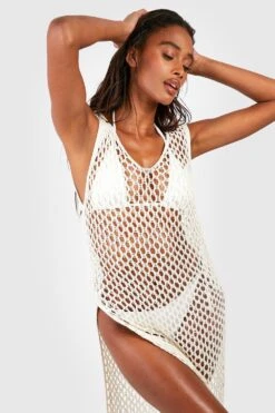 Vestito Maxi Da Mare All’uncinetto Con Spacco -Negozio al dettaglio Vestiti gzz03003 cream xl 3
