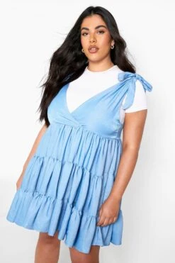 Vestito Grembiule Plus Size In Chambray Con Scollo Quadrato