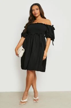 Vestito Skater Plus Size In Lino Increspato Con Spalle Scoperte