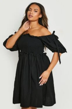 Vestito Skater Plus Size In Lino Increspato Con Spalle Scoperte -Negozio al dettaglio Vestiti gzz03104 black xl 2