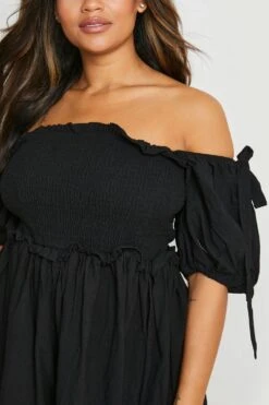 Vestito Skater Plus Size In Lino Increspato Con Spalle Scoperte -Negozio al dettaglio Vestiti gzz03104 black xl 3