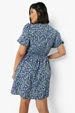 Vestito Skater Plus Size A Fiori Increspato In Vita Con Maniche A Sbuffo -Negozio al dettaglio Vestiti gzz03106 navy xl 1