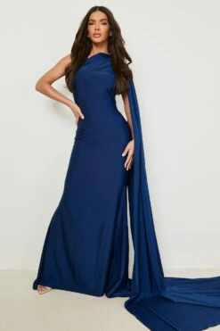 Vestito Maxi Stile Sirena Asimmetrico In Raso Con Drappeggio