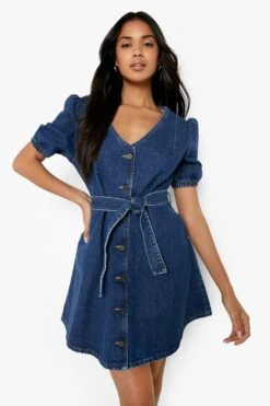 Vestito In Denim Con Cintura E Maniche A Sbuffo