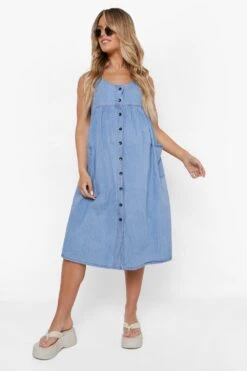 Vestito Midi Premaman In Chambray Con Bottoni