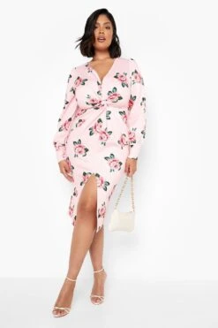 Vestito Plus Size A Fiori Con Dettagli Attorcigliati 6 Vestito Plus Size A Fiori Con Dettagli Attorcigliati -Negozio al dettaglio Vestiti gzz05363 pink xl 2