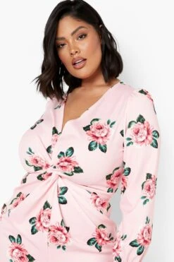 Vestito Plus Size A Fiori Con Dettagli Attorcigliati 7 Vestito Plus Size A Fiori Con Dettagli Attorcigliati -Negozio al dettaglio Vestiti gzz05363 pink xl 3