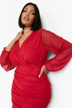 Vestito Midi Plus Size A Incrocio In Rete Con Ruches -Negozio al dettaglio Vestiti gzz05790 red xl 3