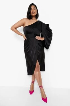 Vestito Scaldacuore Plus Size Monospalla Drappeggiato In Raso -Negozio al dettaglio Vestiti gzz05951 black xl 2