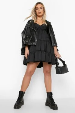 Vestito Grembiule Plus Size Con Balze E Maniche A Sbuffo -Negozio al dettaglio Vestiti gzz06278 black xl 2