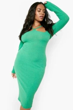 Vestito Midi Plus Size A Coste Con Cut-out -Negozio al dettaglio Vestiti gzz06349 green xl 3