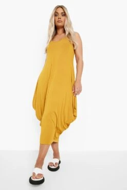Vestito Midaxi Plus Size Con Ruches E Scollo A Vogatore Sul Retro -Negozio al dettaglio Vestiti gzz07016 mustard xl 2