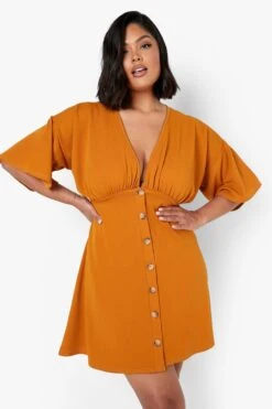 Vestito A Trapezio Plus Size Con Bottoni E Maniche A Campana -Negozio al dettaglio Vestiti gzz07047 mustard xl 2
