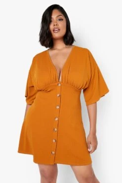 Vestito A Trapezio Plus Size Con Bottoni E Maniche A Campana -Negozio al dettaglio Vestiti gzz07047 mustard xl 3