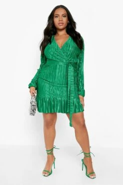 Vestito Skater Plus Size Plissettato Con Cintura E Volant Sul Fondo -Negozio al dettaglio Vestiti gzz07080 green xl 2