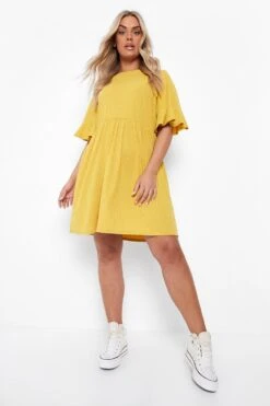 Vestito Smock Plus Size A Coste Con Arricciature -Negozio al dettaglio Vestiti gzz07772 mustard xl 3