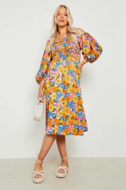 Vestito Midi Premaman A Fiori Con Maniche A Sbuffo