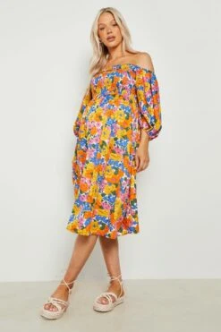 Vestito Midi Premaman A Fiori Con Maniche A Sbuffo -Negozio al dettaglio Vestiti gzz08669 white xl 2