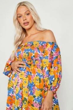 Vestito Midi Premaman A Fiori Con Maniche A Sbuffo -Negozio al dettaglio Vestiti gzz08669 white xl 3