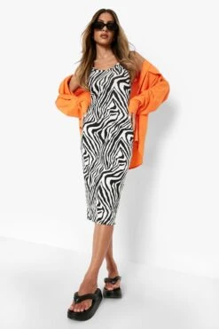 Vestito Pull-on Midi Zebrato Allacciato Sul Retro