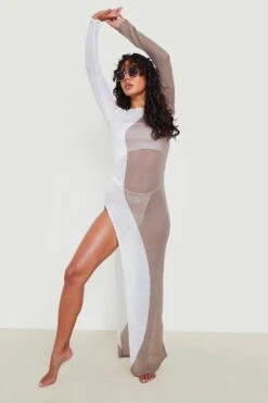 Vestito Maxi Da Mare In Maglia Semi-trasparente Con Spacco A Contrasto 6 Vestito Maxi Da Mare In Maglia Semi-trasparente Con Spacco A Contrasto -Negozio al dettaglio Vestiti gzz09106 taupe xl 2