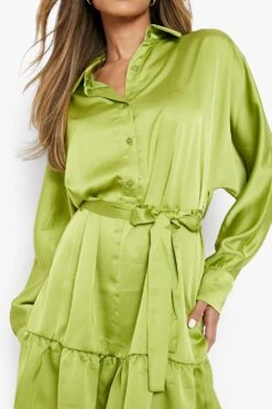 Vestito Camicia In Raso Con Cintura E Fondo Arricciato -Negozio al dettaglio Vestiti gzz09496 olive xl 3