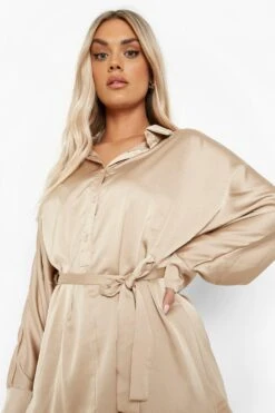 Vestito Camicia Plus Size In Raso Con Cintura E Fondo Arricciato -Negozio al dettaglio Vestiti gzz09970 sand xl 3