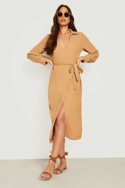 Vestito Camicia A Incrocio Con Trama E Cintura -Negozio al dettaglio Vestiti gzz11512 sand xl 2