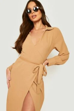 Vestito Camicia A Incrocio Con Trama E Cintura -Negozio al dettaglio Vestiti gzz11512 sand xl 3