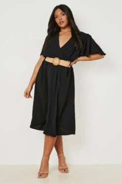 Vestito Midi Plus Size Con Cintura In Rafia E Maniche Ad Angelo