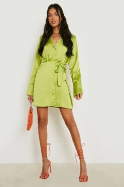 Vestito Camicia In Raso Drappeggiato Con Laccetti Laterali