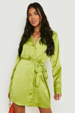 Vestito Camicia In Raso Drappeggiato Con Laccetti Laterali -Negozio al dettaglio Vestiti gzz11676 chartreuse xl 2