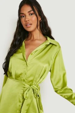 Vestito Camicia In Raso Drappeggiato Con Laccetti Laterali -Negozio al dettaglio Vestiti gzz11676 chartreuse xl 3