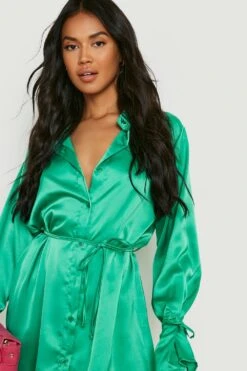 Vestito Camicia In Raso Con Laccetti Sui Polsini E In Vita -Negozio al dettaglio Vestiti gzz11679 emerald xl 3