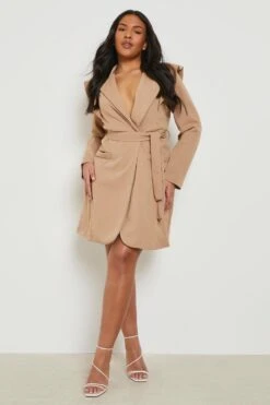 Vestito Blazer Plus Size A Incrocio Con Maniche Arricciate -Negozio al dettaglio Vestiti gzz11743 camel xl 2