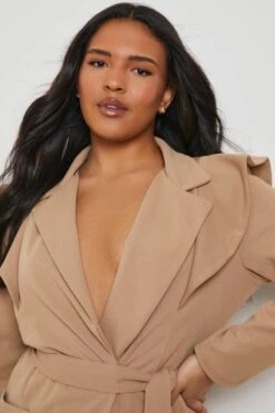 Vestito Blazer Plus Size A Incrocio Con Maniche Arricciate -Negozio al dettaglio Vestiti gzz11743 camel xl 3