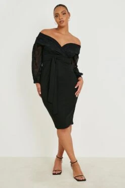 Vestito Scaldacuore Midi Plus Size In Pizzo Con Spalle Scoperte -Negozio al dettaglio Vestiti gzz12097 black xl 2