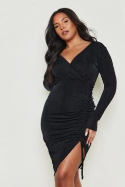 Vestito Scaldacuore Midi Plus Size Seducente Con Ruches -Negozio al dettaglio Vestiti gzz12205 black xl 3