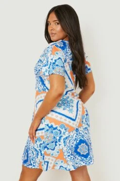 Vestito Skater Plus Size A Maniche Corte In Fantasia Cachemire -Negozio al dettaglio Vestiti gzz13435 blue xl 1