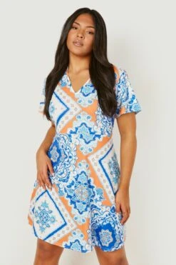 Vestito Skater Plus Size A Maniche Corte In Fantasia Cachemire -Negozio al dettaglio Vestiti gzz13435 blue xl 2