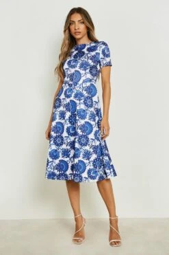 Vestito Skater Midi Con Motivi Stile Porcellana E Pieghe 6 Vestito Skater Midi Con Motivi Stile Porcellana E Pieghe -Negozio al dettaglio Vestiti gzz13854 blue xl 2