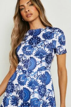 Vestito Skater Midi Con Motivi Stile Porcellana E Pieghe 7 Vestito Skater Midi Con Motivi Stile Porcellana E Pieghe -Negozio al dettaglio Vestiti gzz13854 blue xl 3