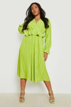 Vestito Midi Plus Size Plissettato Con Dettagli Arricciati -Negozio al dettaglio Vestiti gzz14042 green xl 2