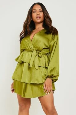 Vestito Skater Plus Size A Maniche Corte In Raso Con Arricciature -Negozio al dettaglio Vestiti gzz14045 chartreuse xl 2