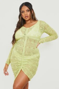 Vestito Da Mare Plus Size All’uncinetto Con Ruches 7 Vestito Da Mare Plus Size All’uncinetto Con Ruches -Negozio al dettaglio Vestiti gzz14076 lime xl 3