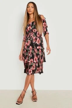 Vestito Midi Plissettato A Fiori Con Spalle Scoperte E Volant