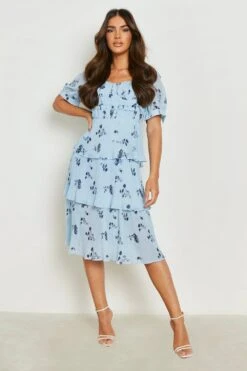 Vestito Midi A Fiori Plissettato Con Balze E Volant -Negozio al dettaglio Vestiti gzz14729 blue xl 2