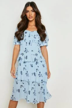 Vestito Midi A Fiori Plissettato Con Balze E Volant -Negozio al dettaglio Vestiti gzz14729 blue xl 3