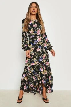 Vestito Maxi A Fiori Con Ruches E Fondo Sceso